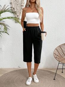 EMERY ROSE Women Summer Elastic Waist Solid Color Casual 3/4 Length Pants With Pockets