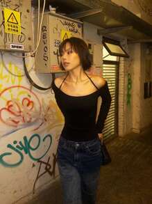 INAWLY Camiseta casual de manga larga con cuello redondo, para mujer en unicolor con lazo en la cintura para la primavera/verano