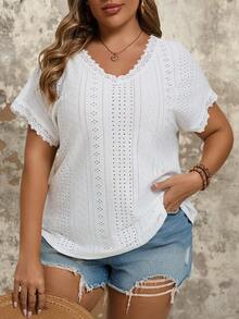SHEIN VCAY Plus Size White Knitted Textured T-Shirt With V-Neckline And Hollow-Out Embroidery Design - Multicolor - View 5