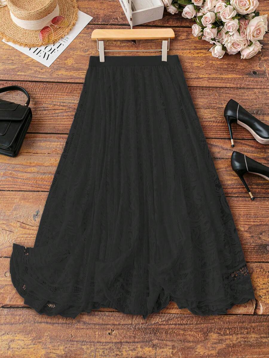 SHEIN LUNE Plus Size Solid Color Lace Long Sleeve Skirt, Suitable For Daily Casual Wear Maxi Women - Black - View 1