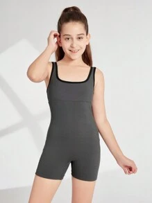 SHEIN Tween Girls' Dark Gray Colorblock Tank Romper, Yoga - Dark Grey - View 4