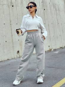 SHEIN Cottnline Pantaloni della tuta a gamba dritta con vita elastica da donna - Grigio - Visualizzare 5