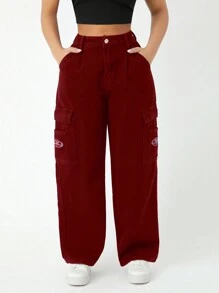 SHEIN PETITE Women's Letter Patchwork Cargo Denim Pants - Burgundy - View 1
