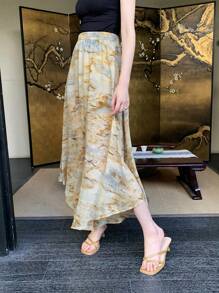 EastFlair Marble Print Asymmetrical Hem Skirt - Multicolor - View 1