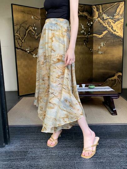 EastFlair Marble Print Asymmetrical Hem Skirt