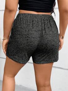 Linhara CURVE Plus Size Boho Coconut Tree & Letter Graphic Drawstring Waist Shorts, For Summer - Dark Grey - View 2