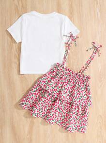 SHEIN Conjunto de camiseta de cor sólida com decote redondo e saia floral elegante para menina jovem - Pink - Visão 2