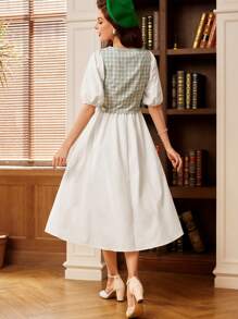 Vintamour Elegancki damski 2-częściowy płaszcz w kratę i garnitur z kamizelką, rękawy środkowe Jesienne ubrania damskie Sukienki damskie Letnia sukienka Dwuczęściowy zestaw strojów Powrót do szkoły Stroje panieńskie Biznesowe swobodne stroje wyjściowe dla kobiet Ubrania biurowe Ubrania nauczycielskie