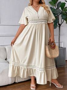 SHEIN CURVE+ Vestido de manga corta sencillo y de tamaño grande para mujer en unicolor ideal para uso diario - Albaricoque - Ver 4