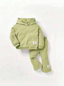 Cozy Pixies 2 件装女婴中性服装纯色连帽落肩运动衫和阔腿裤套装，绿色 - 綠色 - 查看 10