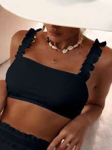 Swim Vcay 女士纯色简约日常比基尼上衣夏季 - 黑色 - 查看 1