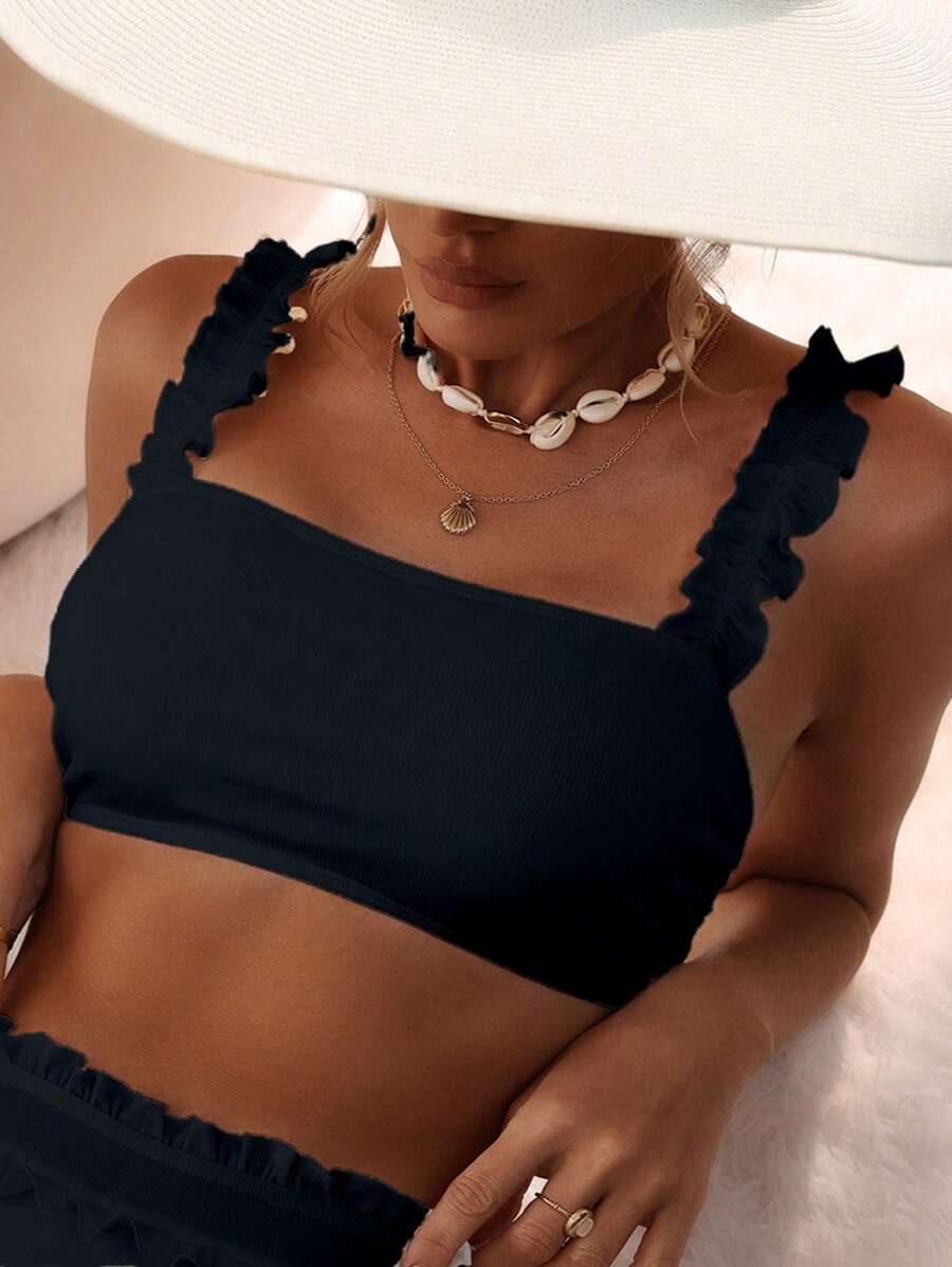 Swim Vcay 女士纯色简约日常比基尼上衣夏季 - 黑色 - 查看 1