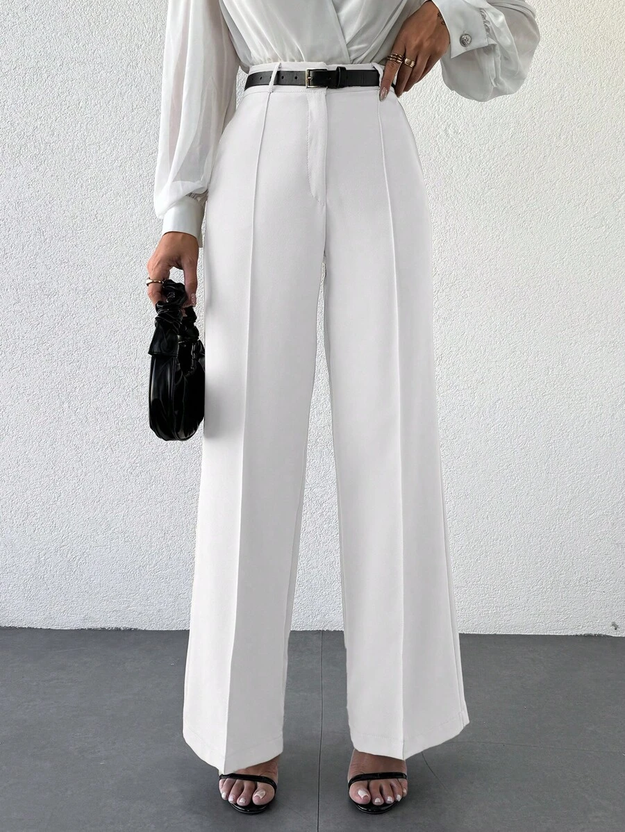 EURMUSE Ladies' Solid Color Simple Daily Casual Long Pants - White - View 1