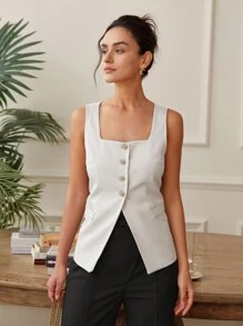 女士方领短袖纽扣前开衩下摆修身休闲日常背心，Old Money 短款上衣，露背商务休闲衬衫，春夏