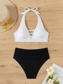 SHEIN Swim 女士性感拼色頸掛式比基尼套裝，適用於夏日沙灘 - 彩色 - 查看 3