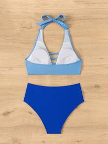SHEIN Swim 女士夏季海灘彩色拼接露背頸帶性感比基尼套裝 - 彩色 - 查看 2