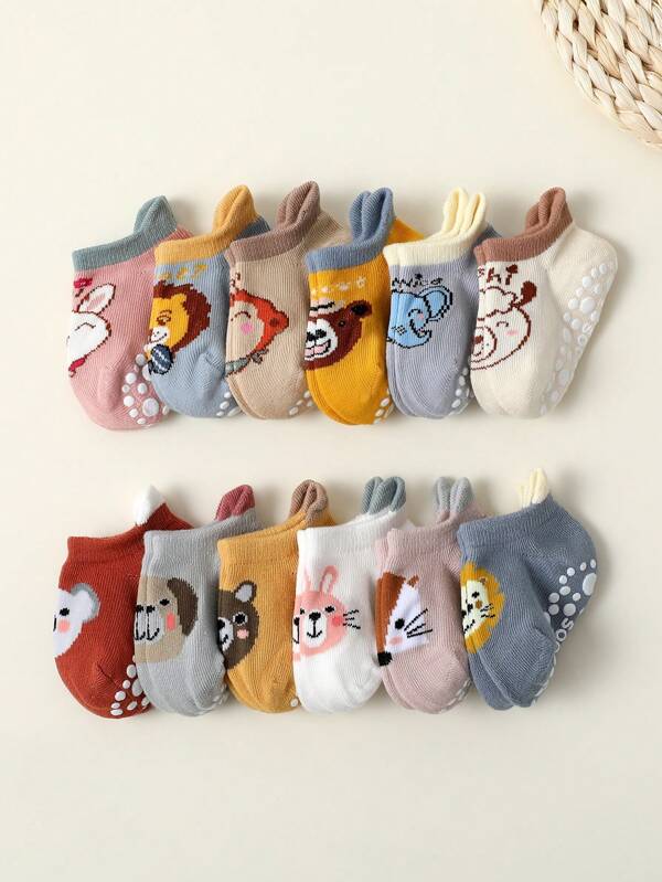 12 Pairs Baby Boys' And Girls' Anti-Slip Floor Socks, Cute Cartoon Animal Design Short Socks In Multiple Colors