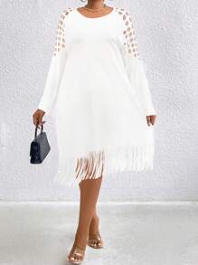 SHEIN LUNE Plus Size Elegant Round Neck Long Sleeve Dress With Hollow Shoulders, Tassel Hem And Fashionable Design Maxi Women Outfit - White - View 1