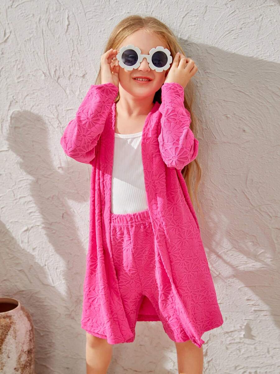 SHEIN 陽光少女女童提花毛圈布粉色夾克和短褲，與白色紋節背心3入組 - 玫紅色 - 查看 1