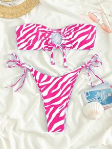 SHEIN Swim Summer Beach Allover Print Halter Bikini Set With Circular Decoration And Random Print - Multicolor - View 1