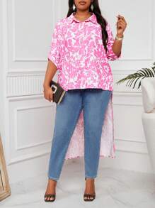 SHEIN Lady Plus Size Women's Pink Flower Printed Shirt-Style Top With Asymmetrical Hem, Summer Robes Going Out - Pink - View 4