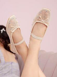CUCCOO DOLLMOD 时尚女士鞋米色网眼和水钻芭蕾平底鞋,带蝴蝶结细节,适合夏季度假鞋夏季促销优雅平底鞋圣诞节秋季新年假期 - 杏色 - 查看 5