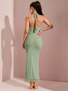 SHEIN BAE Women's Draped Neck Fishtail Dress/Pink Backless Dress/Island Resort Dress/Beach Resort Dress/Summer Dress/Birthday Party Dress/Hawaii/Beach Vacation Outfits /Vacay Outfits Women/Vacation Outfits Woman /Birthday Dresses For Women/Birthday Outfits For Women - Mint Green - View 2