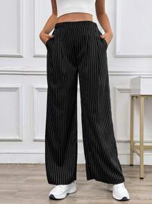 SHEIN Essnce Women Dress Pants Uniform Pants Teacher Pants Ladies' Commuting Black Striped Elastic Waist Wide Leg Trousers With Double Pockets - Black and White - View 3