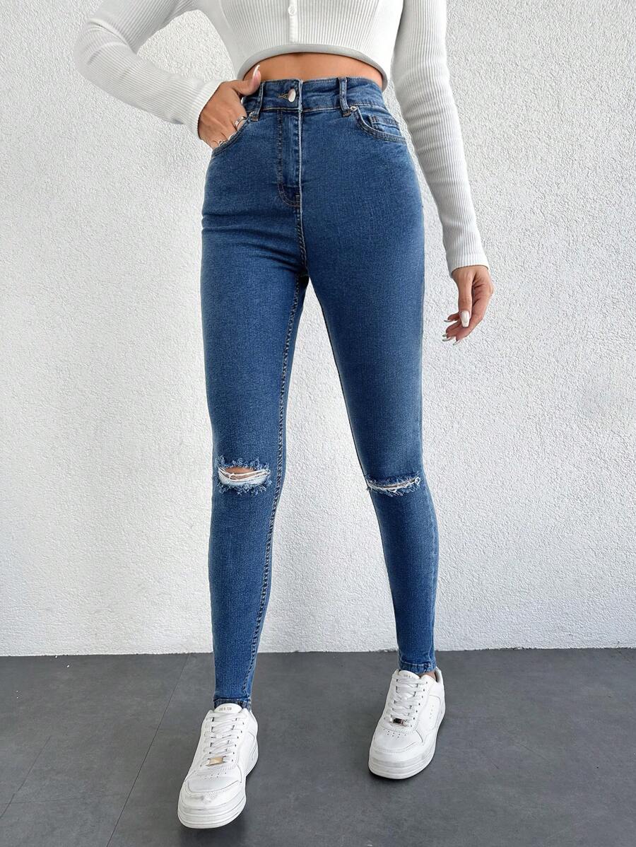 Cottnline Jeans ajustados desgarro de talle alto - Azul - Ver 1