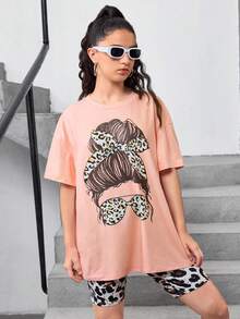 SHEIN Teen Girl's Knitted Leopard Print Personalized Round Neck Loose Top And Knitted Leopard Print Shorts Two-Piece Set - Multicolor - View 6