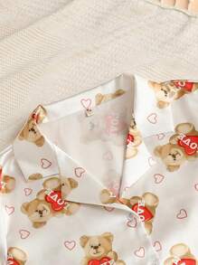Women's Short Sleeve T-Shirt And Shorts Pajama Set With Bear Print - White - View 4
