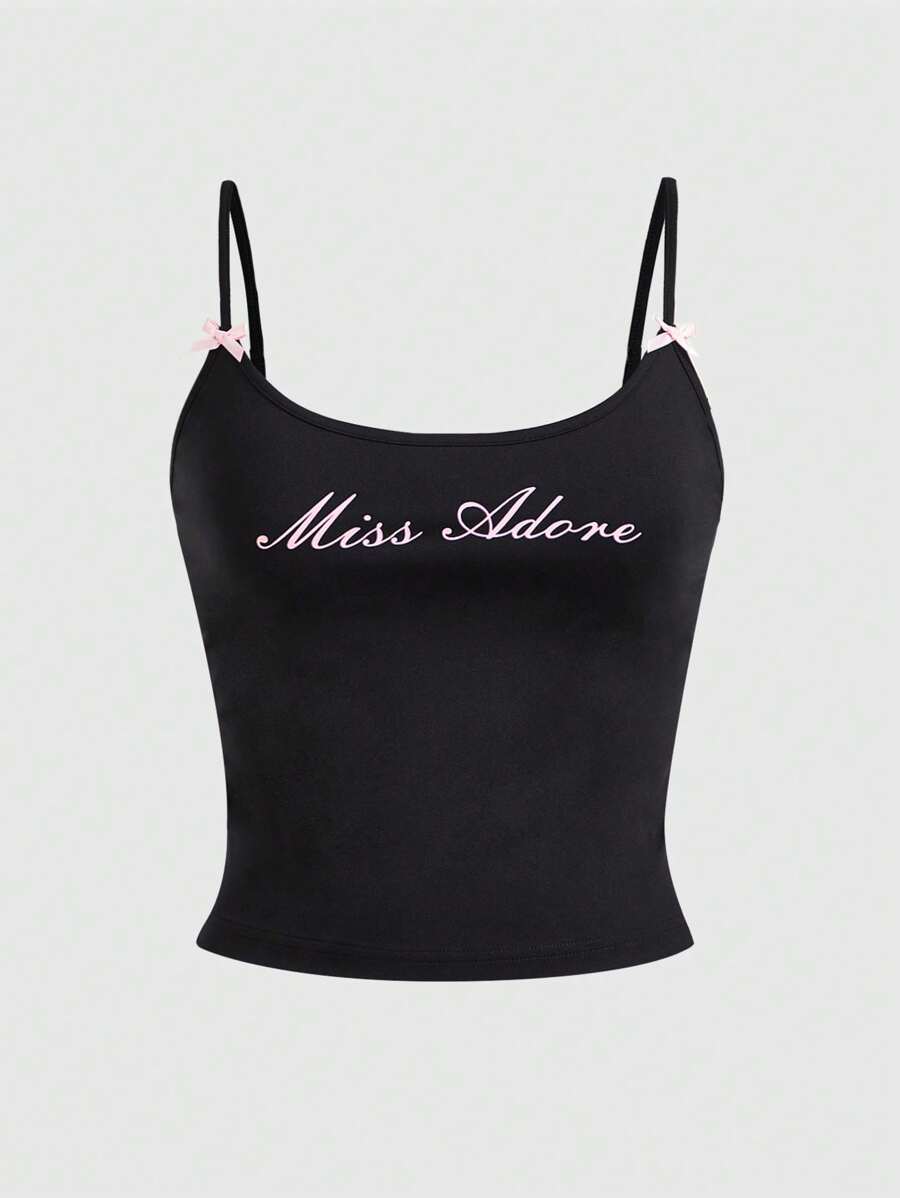 SHEIN MOD 女士时尚字母印花修身蝴蝶结夏季吊带背心 - 黑色 - 查看 1