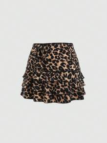 Sweetra Women's Leopard Print Self-Tie Belt Tiered Hem Layered Cake Skirt With Ruffle Trim