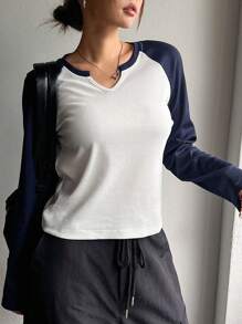 DAZY Women's Raglan Sleeve Contrast Color Block Fitted Casual Pullover Long Sleeve T-Shirt,Fall Women Clothes - White - View 7