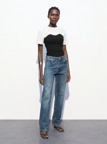 Maija Áo thun nữ tay ngắn cổ tròn bo gấu màu tương phản đen trắng thiết kế thời trang giản dị, phong cách, phù hợp mặc hàng ngày - màu đen - Xem 3