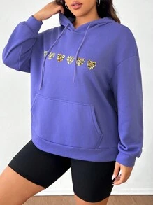 SHEIN EZwear 加大码豹纹爱心图案连帽卫衣，女式卫衣 - 紫色 - 查看 3