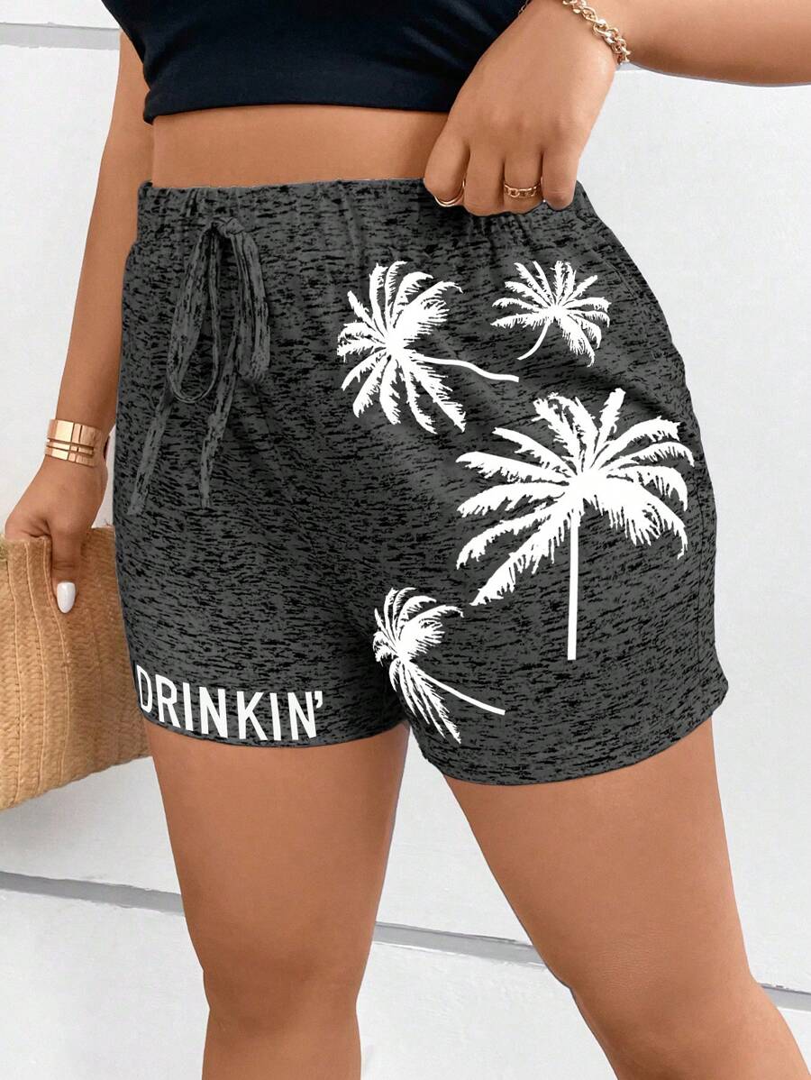 Linhara CURVE Plus Size Boho Coconut Tree & Letter Graphic Drawstring Waist Shorts, For Summer - Dark Grey - View 1