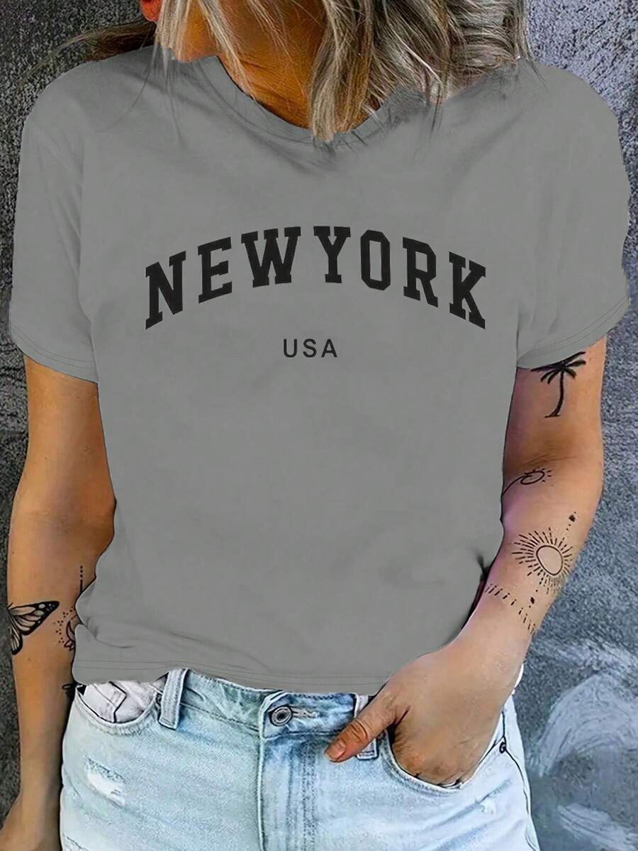 Casual Fashion Solid Color Simple Letter Print Women's T-Shirt - Grey - View 1