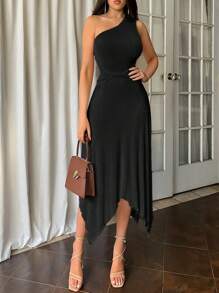 Firerie Plus Size Women Casual Elegant Holiday Beach Date Casual Twisted One Shoulder Sleeveless Asymmetrical Hem Bodycon Dress, Spring/Summer - Black - View 4