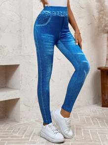 SHEIN LUNE Denim Effect Ladies' Simple Daily Wear Leggings - Blue - View 5