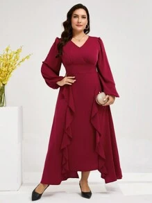 Modelyn Burgundy Red Plus Size Women's Plain Simple Daily Wear Arabesque Style Long Sleeve Blouse With Ruffle Hem Long Evening Dresses - Burgundy - View 4
