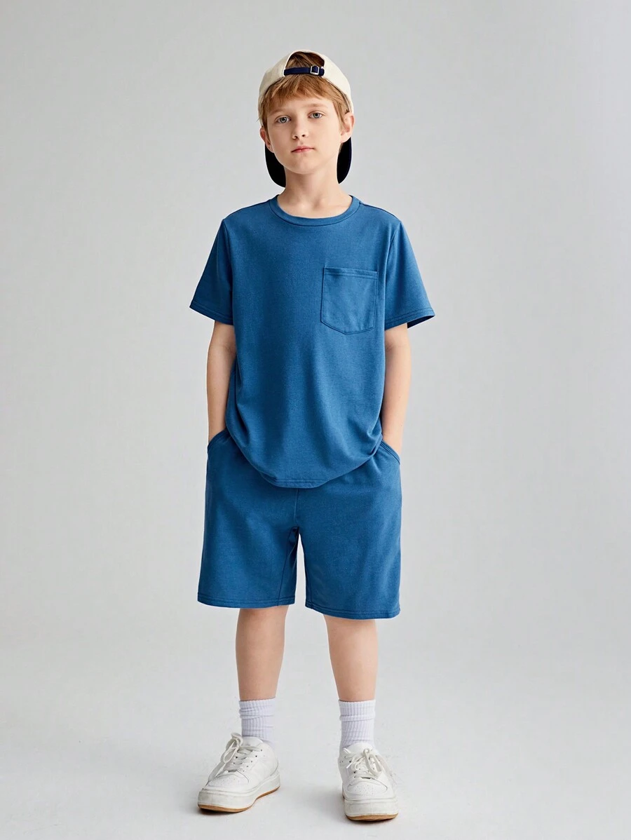 SHEIN 4 pièces/ensemble Haut et short unicolore pour garçons de préadolescence