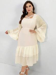 Modelyn Plus Crisscross Front Flounce Sleeve Ruffle Hem Dress, Wedding/Occasion/Ceremony/Evening Elegant Long Party Dress - Apricot - View 6