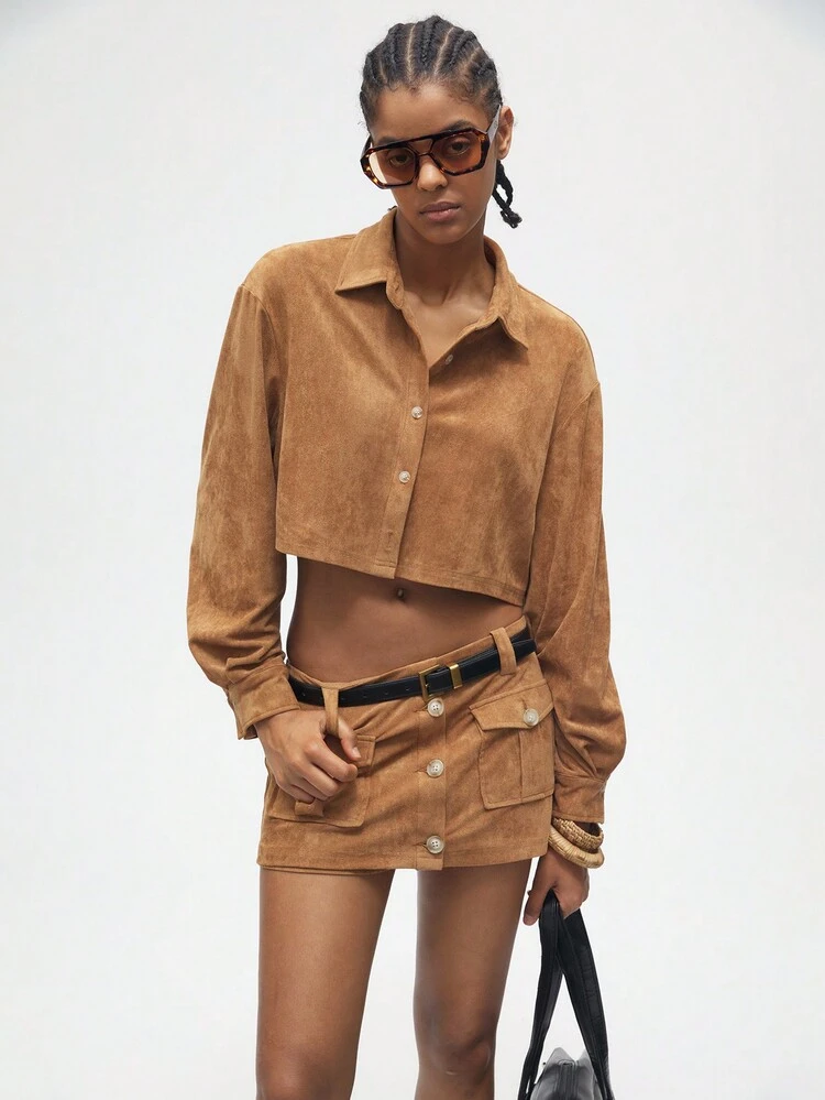 SHEIN Maija Khaki Suedette Cropped Long Sleeve Shirt For Women, Autumn Back To School