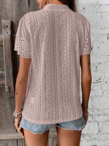 EMERY ROSE Eyelet Embroidery Notched Neckline Tee - Dusty Pink - View 2