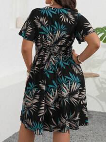 EMERY ROSE Plus Size Boho Holiday Casual Tropical Printed Cinched Waist Dress, For Summer - Black - View 2