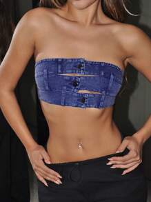 SHEIN ICON Strapless Back Lace-Up Decor Button Front Top - Blue - View 1