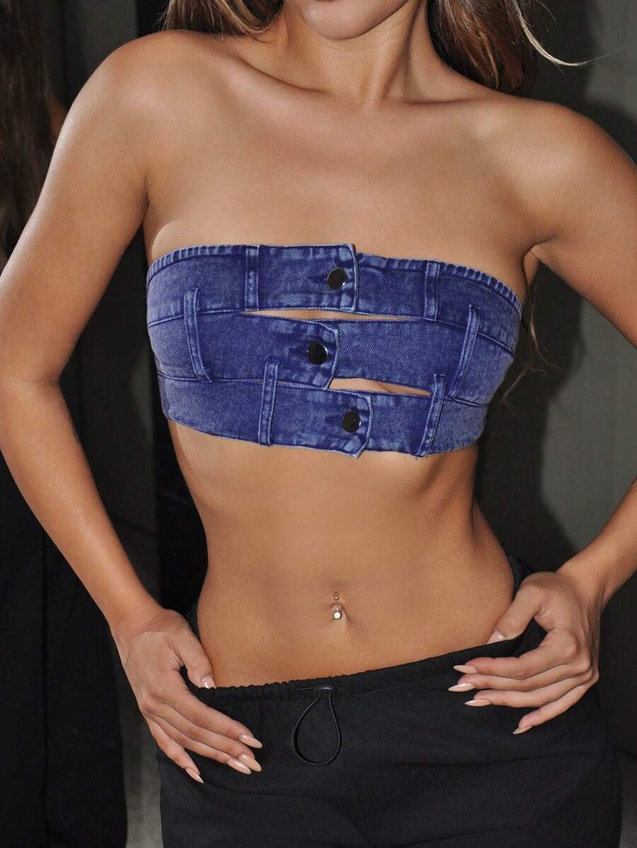 SHEIN ICON Strapless Back Lace-Up Decor Button Front Top - Blue - View 1