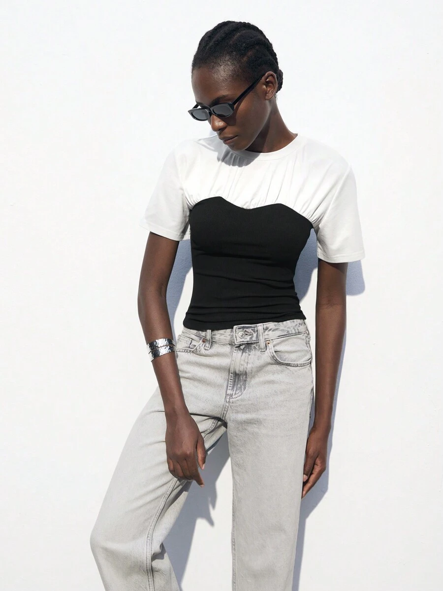 Maija Áo thun nữ tay ngắn cổ tròn bo gấu màu tương phản đen trắng thiết kế thời trang giản dị, phong cách, phù hợp mặc hàng ngày - màu đen - Xem 1