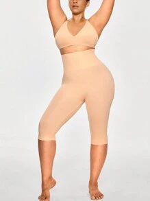 SHAPORA Quần lót thể thao Yoga Unitard lưng cao màu trơn cỡ lớn - Màu be - Xem 8